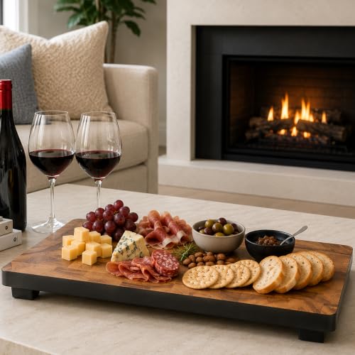 Image of Woodard & Charles Raised Acacia Wood Serving Tray, 16 inch x 8 inch x 1.75 inch 16 Pack | Platform Serving Tray with Feet; Serve Cheese, Charcuterie, Sushi, Appetizers, Small Bites at Home, Parties, Catering Events
