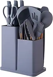 Conjunto de Utensílios de Cozinha 19 Peças em Silicone com Cabo de Madeira, Livre de BPA, Antiaderente e Resistente ao Calor (Cinza)