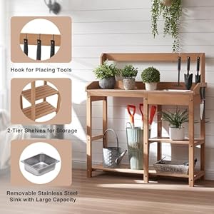 Psilvampottingbenchpolylumberpottingtablewithremovablestainlesssteelsinkandopenshelvesallweathergardentableworkstationplantingtableforgardenpatioandlawnsteakcolor Urban Country Home Decor Psilvam potting bench poly lumber potting table with removable stainless steel sink and open shelves all weather garden table work station planting table for garden patio and lawns teak color urban country home decor