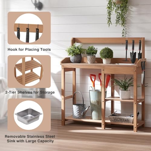 Psilvampottingbenchpolylumberpottingtablewithremovablestainlesssteelsinkandopenshelvesallweathergardentableworkstationplantingtableforgardenpatioandlawnsteakcolor Urban Country Home Decor Psilvam potting bench poly lumber potting table with removable stainless steel sink and open shelves all weather garden table work station planting table for garden patio and lawns teak color urban country home decor