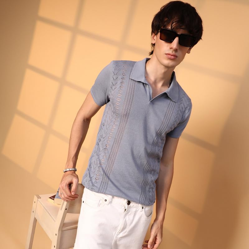 Image of CAHOOT Men's Block-Textured Polo T-Shirt for Casual Wear | Polo Neck | Short Sleeve | Pull On Closure | T-Shirt Crafted with Comfort Fit for Everyday Wear