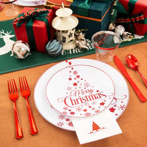 Morejoy 175PCS Christmas Plastic Dinnerware Set - White/Red Plates & Red Plastic Silverware Include 25 Plates, 25 Cups, 25 Forks, 25 Knives, 25 Spoons, 25 Napkins Perfect for Holidays – Image 3