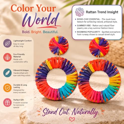 Image of Young & Forever Boho Rainbow Raffia Earring Pack - Handmade Woven Straw Geometric C-Hoop, Heart & Statement Drop Earrings for Women, Summer Beach Vacation Jewelry