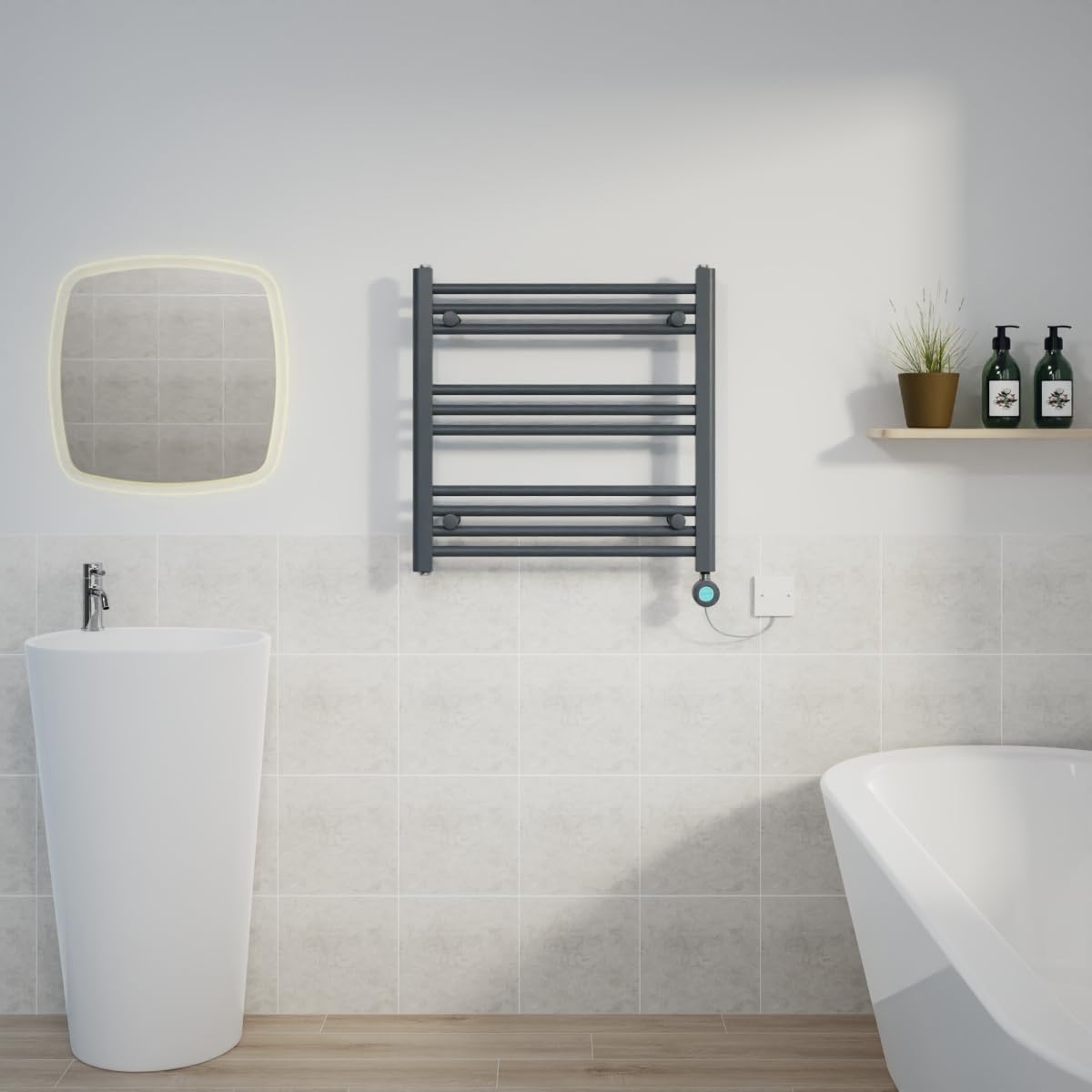 Warmehaus 400W Electric Thermostatic Heated Towel Rail Bathroom Radiators Straight with LCD Display Timer - Anthracite - 600x600mm