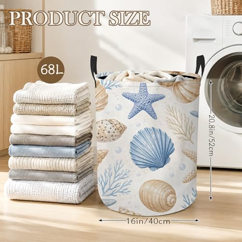 Image of Seashell Starfish Laundry Basket, Ocean Coastal Collapsible Laundry Hamper Waterproof Oxford Cloth With Handles, Clothes Storage Bucket For Bathroom /Bedroom 16 inch x 20.8 inch