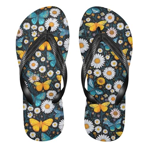 ALAZA Colorful Butterflies Daisies Flip Flops for Women Fashion Beach Slippers Comfort Mens Flip Flops Non-Slip Rubber Shower Slippers Sandal for Hotel Travel Sport,XS