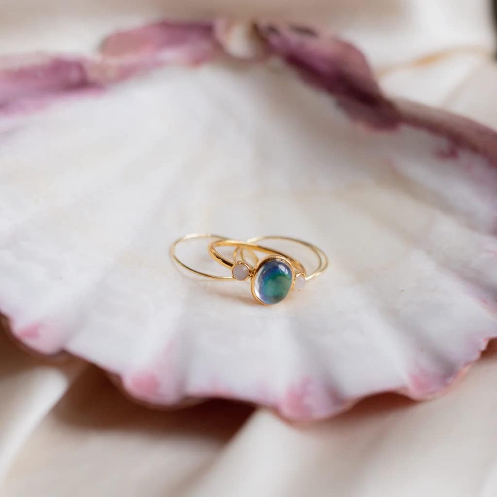 Honeycat Bejeweled Oval Mood and Moonstone Bezel Ring in Gold, Rose Gold, or Silver | Dainty Minimalist Fun Jewelry