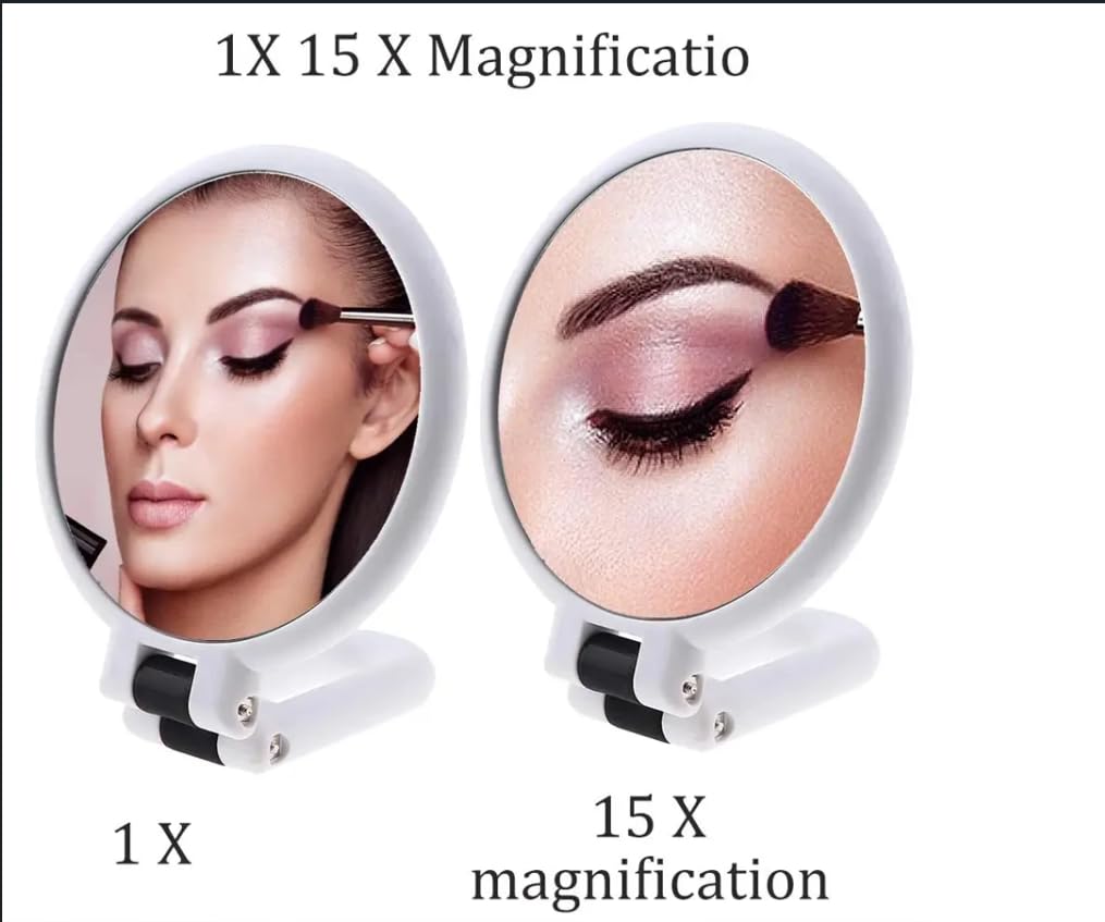 1X 15X Specchio portatile con maniglia per viaggi, specchio ingranditore, maniglia regolabile in rotazione, piegatura su entrambi i lati, Tavolo da viaggio di trucco da barba