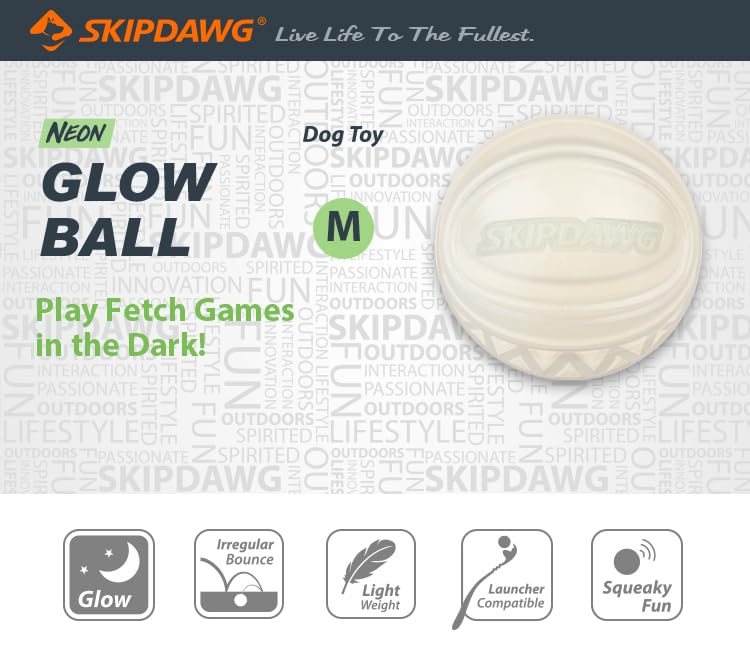 SKIPDAWG Neon Glow Ball, leuchtet im Dunklen, für Hunde, hochwertiger TPR-Kunststoff, mit Quietscher, sehr gut für Ballschleuder