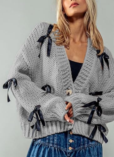 Image of Valentine's Day Cardigan Sweaters for Women Love Heart Print Button Down Cropped Cardigans Y2K Open Front Knit Sweater