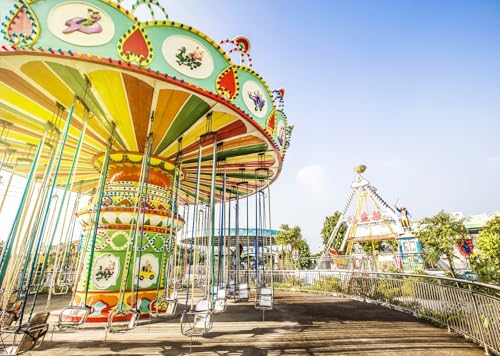 CORFOTO Tela 3.5x2.5m Columpio Parque de Atracciones Fondo Carrusel Colorido con Atracciones de Carnaval bajo Cielo Soleado Fondo Fotográfico para Fiesta Temática Feria Accesorios de Foto