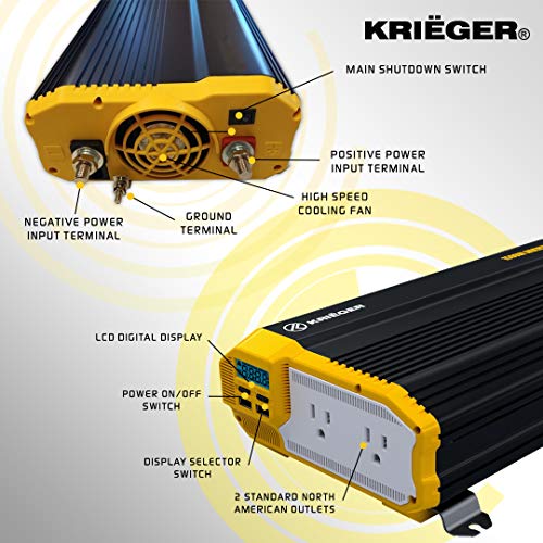 Krieger 1500 Watts Power Inverter 12V to 110V, Modified Sine Wave Car Inverter, Dual 110 Volt AC Outlets, DC to AC Converter with Installation Kit Included - MET Approved to UL and CSA Standards