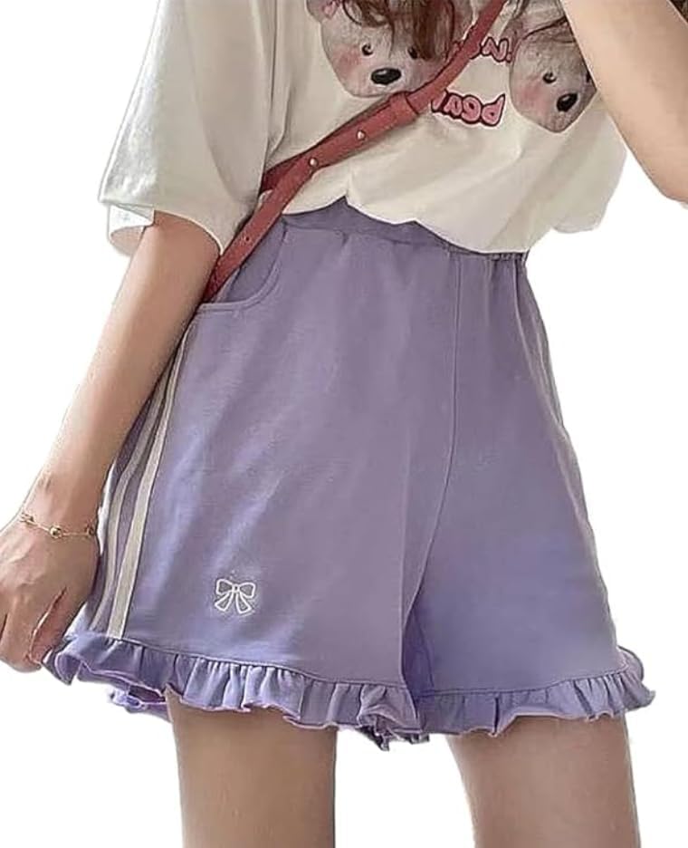 POHADON Women Kawaii Bow Tie Summer Shorts Wide Leg Aesthetic Preppy Clothes Cute Yoga Sweat Shorts Teen Girl Loungewear