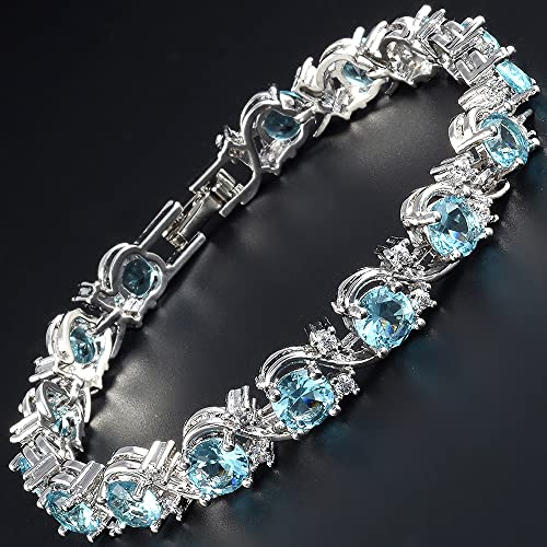 Rizilia Blossom Round Simulated Aquarmarine And White Cubic Zirconia 18K White Gold Plated Tennis Bracelet, 7" #TOP2