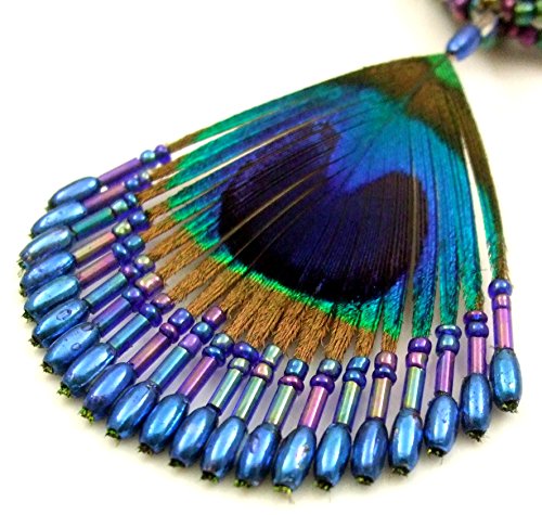 Swimmi Hand Beaded 2.4 Inch Iridescent Peacock Feather Blue Beads Pendant 19.5 Inch Necklace Handmade Women Jewelry Ba330-A #TOP2