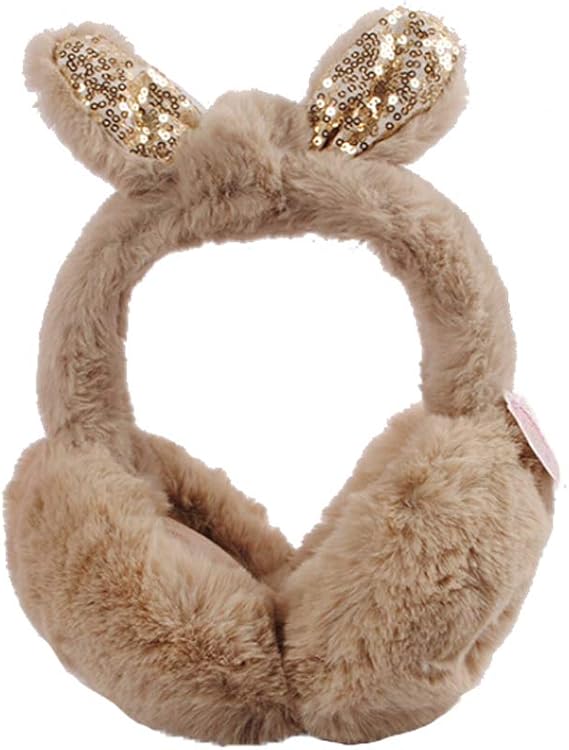 Rong Cute Sequins Bunny Rabbit Ears Warm Winter Plush Christmas Xmas Earmuffs for Women Kids