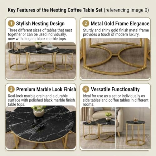 Image of 3 Piece Living Room Set - 1 Center Table and 2 End Nesting Tables, Round Stacking Coffee Side for Small Space, Nightstand Bedside Black and Golden