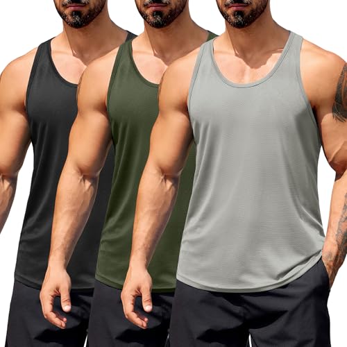 COOFANDY Mens Workout Muscle Tank Tops Y Back Athletic Tank Top Gym Sleeveless Tee Shirts 3 Pack Black/Army Green/Light Grey Large