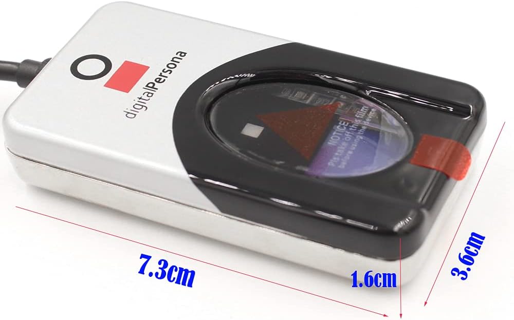 Image of the Digital Persona U.are.u 4500 fingerprint reader with its physical dimensions (7.3cm, 1.6cm, 3.6cm) labeled.