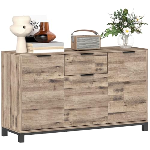 HOMCOM Mobile Soggiorno, Credenza Soggiorno con Cassetto e 3 Armadietti con Ripiani Regolabili, Madia con Gambe in Acciaio in Stile Industriale per Sala da Pranzo e Cucina, 120x36.5x70 cm, Marrone