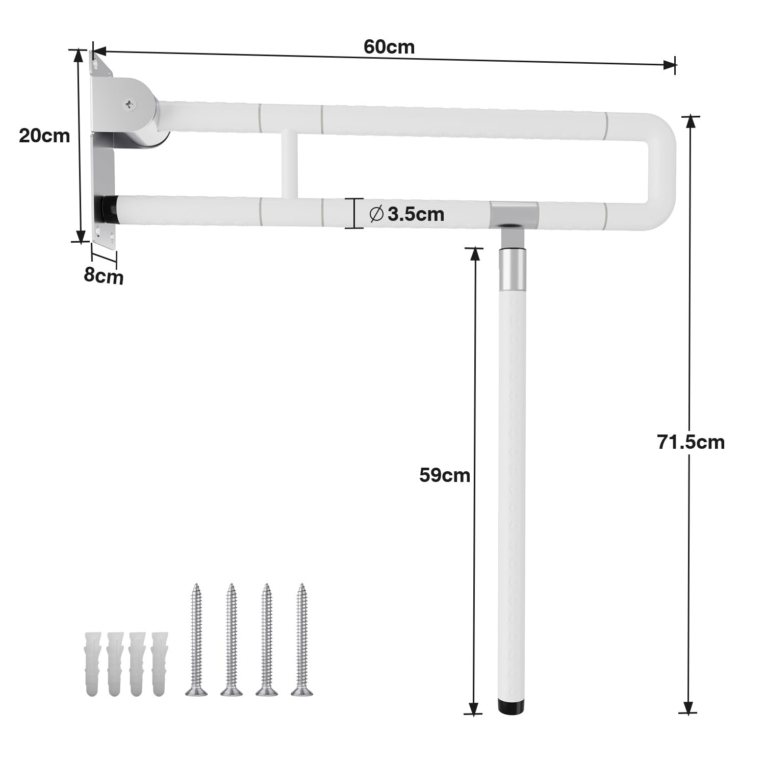 Herrselsam Asidero de Soporte de Pared Barra Abatible de 60 cm para Ancianos, Antideslizante, para Inodoro, Montaje en Pared, Color Blanco, Carga hasta 200 kg (2 Unidades)