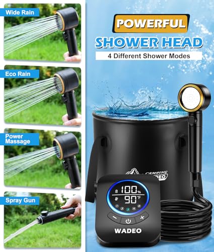 Ducha portátil 2026 mejorada para camping, bomba recargable 8000mAh con cubeta plegable de 5 gal, 5 modos de presión, IPX8 resistente al agua, ducha exterior para senderismo, viaje, coche, mascotas y playa miniatura 4