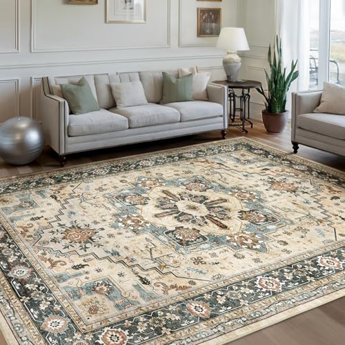 Image of Area Rugs 5x7 - Machine Washable Vintage Oriental Soft Rug, Low Pile Thin Floor Carpet with Non Slip Backing for Living Room, Bedroom,Dorm, Kitchen, Indoor House, Office Rolling Chair