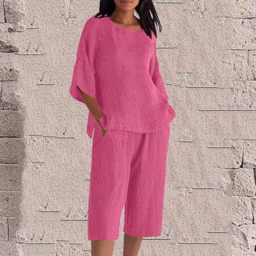 Womens Pant Sets Plus Size 3/4 Sleeve Tops and Capri Pants Loose Casual Lightweight 2 Piece Outfits with Pockets2
