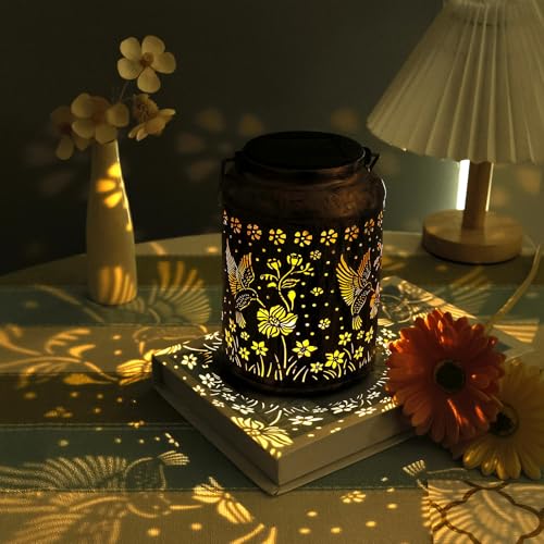 2 farolillos solares de colibrí para exteriores, resistentes al agua, lámparas solares para exteriores, colgantes de pie, farolillos solares ahuecados, pintura metálica, luces solares para jardín