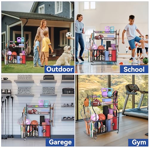 Mythinglogic-Rolling-Sports-Equipment-and-Toy-Organizer-for-Garage-Metal-cart-organizes-balls-bats-rackets-helmets-pool-gear-and-outdoor-toys-with-baskets-hooks-and-locking-wheels