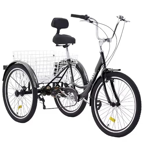 GCLCPAEN Triciclo para Adultos De 24 Pulgadas Y 7 Velocidades,con Canasta Y Asiento Ajustable,De Acero Al Carbono,con Freno De Mano,Capacidad De Carga De 20Kg,Ideal para Compras,Picnic,Black