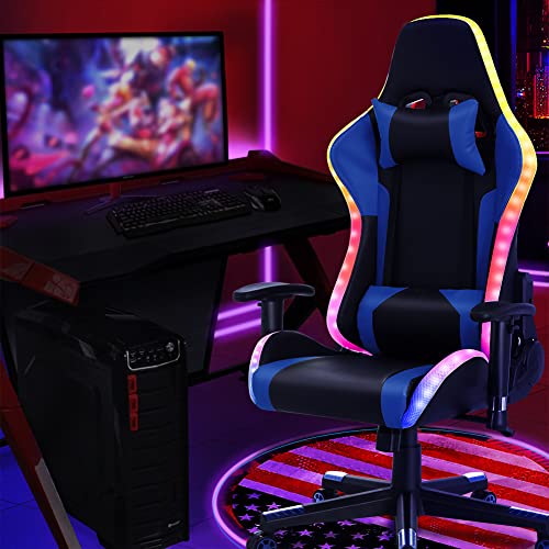 HomeMiYN Gaming Chair with RGB LED Lights and Speakers, Video Game Chair, Swivel Reclining Racing Office Chair with Headrest & Lumbar Support, PU Leather High Back Computer Chair, Blue HomeMiYN Gaming Chair with RGB LED Lights and Speakers, Video Game Chair, Swivel Reclining Racing Office Chair with Headrest & Lumbar Support, PU Leather High Back Computer Chair, Blue