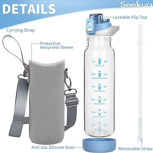 Seekua 800ml Glass Water Bottle with Straw & Time Markings BPA free Motivational Glass Drinking Bottle Leakproof - Image 3