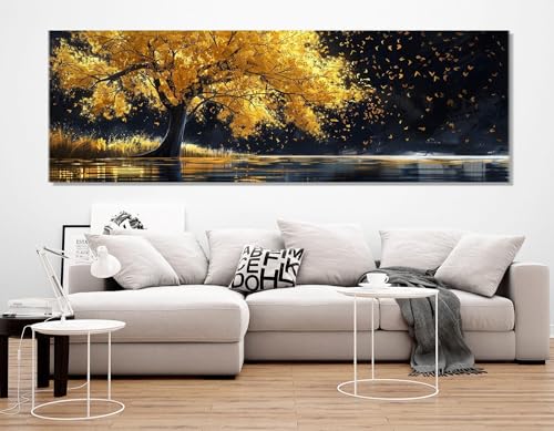 Affiche imprimée arbre doré décoration murale contemporaine salon tableau abstrait toile 60x180