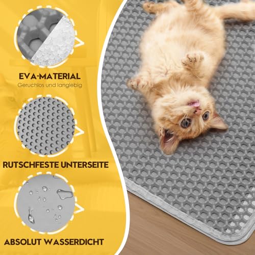 Casgee Katzenklo Matte 60x45CM, Katzenstreu Matte Doppelte Schichte, Katzenmatte Katzenklo mit Klettverschluss, wasserdichte Non-Slip Matte Katzentoilette, Waben EVA matte katzenklo unterleger, Grau