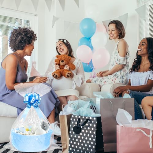 SelfTek Gift Basket Hamper Kit, Blue Rope Basket with Cellophane Bags, Raffia and Pull Bows Woven Storage Baskets Empty Gift Hamper for Shower, Wedding, Birthday, 33 x 24 x 15 cm - Image 6