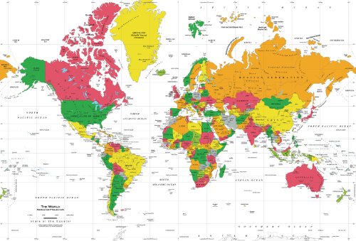 Academia Maps - World Map Wall Mural - White Ocean Political Map - Premium Self-Adhesive Fabric