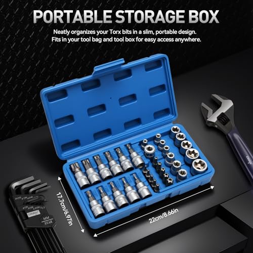 Image of 34-Piece 3 /8'' Drive Torx Star Bit sockets CR-V E-Socket Set, E4-20, T10-60, Tamper Proof Set TT10-TT55, 5 /16 inchF to 3 /8 inchM adapter with Storage Case,S2 Steel, Ideal for Car,Trucks,Home Improvement