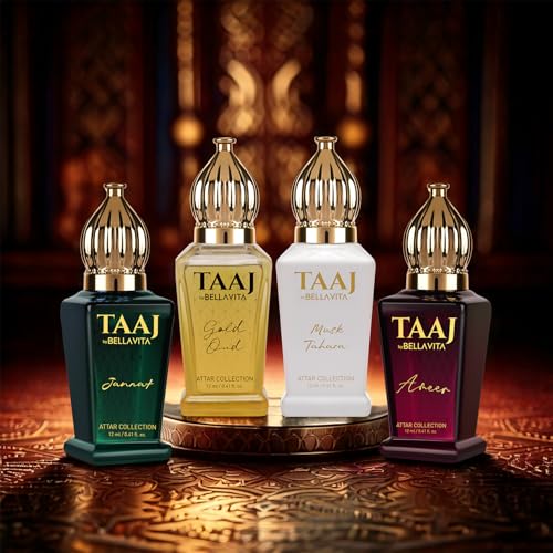 Image of BELLAVITA Taaj Attar | Long Lasting Unisex Gift Set for Man and Woman 4x12ml | Caramel, Lemon, Cinnamon, and Musk | Non-Alcoholic Roll On | Oud, Floral, Musk | Attar for Men and Women
