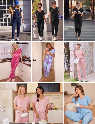 Image of Ekouaer Pajamas for Women Set Short Sleeve Lounge Set Jogger Pants Pjs Soft Sleepwear with Pockets S-XXL