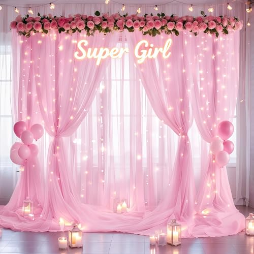 Cortina de tul rosa 30x10ft con luces para fondo fotográfico miniatura 2