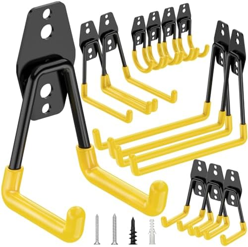 TICONN 12 Pack Heavy Duty Garage Hooks, Steel Utility Wall Storage Hooks, Wall Mount Hanger Organizer for Ladders, Bikes, Tools, Bulky Items (Yellow)