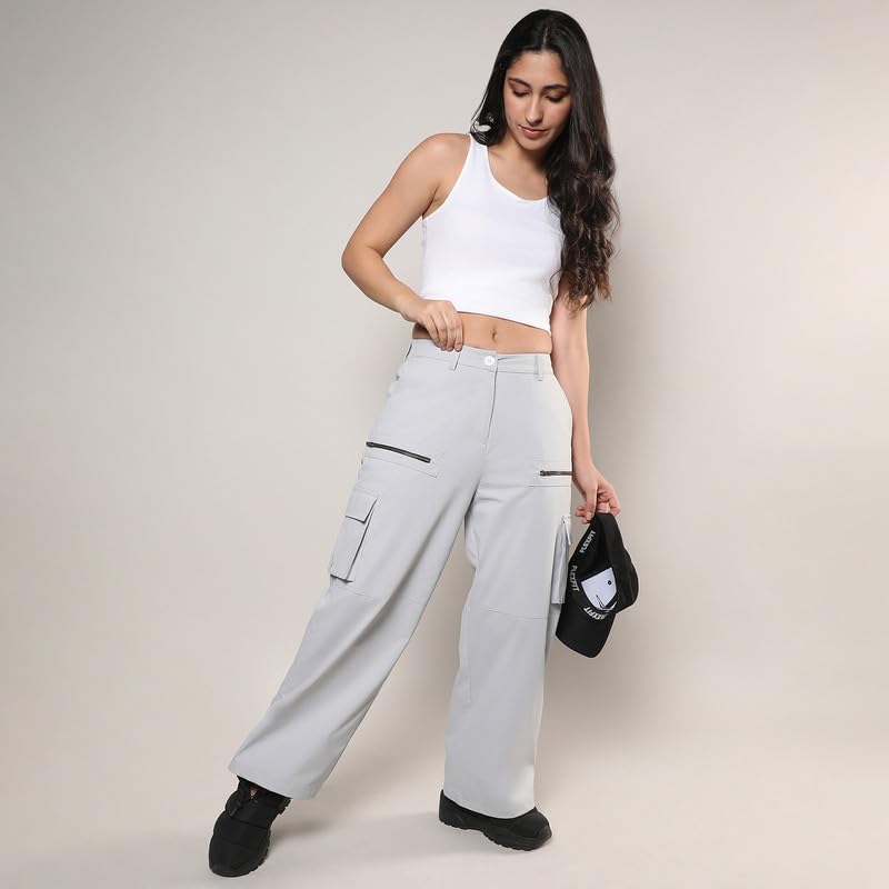 Image of PINACOLADA Women's Moon Grey Straight Fit Cargo Trousers for Casual Wear | 6 Pockets | Regular Fit | Button Closure | Cargo Pants Crafted with Comfort Fit for Everyday Wear