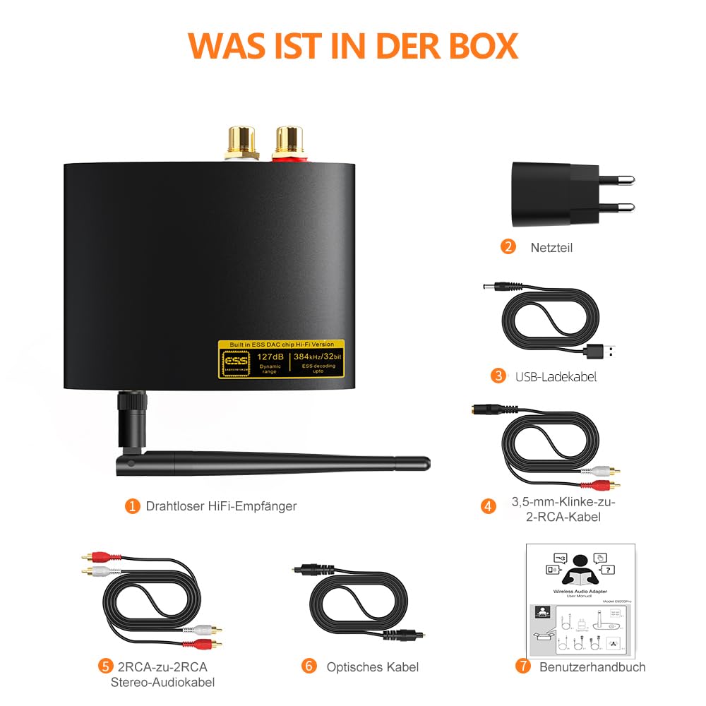 1Mii HiFi Bluetooth 5.3 Empfänger LDAC aptX HD Audio Adapter 384kHz/32bit DAC Optisch RCA Schwarz