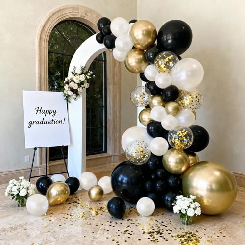 Image of Double Stuffed Black Gold White Confetti Balloon Arch Kit 129 Pcs