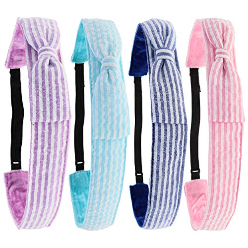FROG SAC 4 Adjustable Seersucker Bow Headbands for Girls, Non Slip Flat Bows Striped Hairbands for Kids, Cute No Slip Small Bow Head Band Hair Accessories, Nonslip Girl Head Bands Party Favors