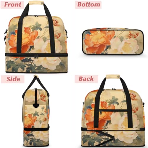 Large Weekender Overnight Bags Ethnic Flower Peony Travel Duffel Bag for Women Men Gym Bag With Shoe Compartment Foldie Travel Tote Bag Carry On Personal Item Bag for Travel Gym Sports3