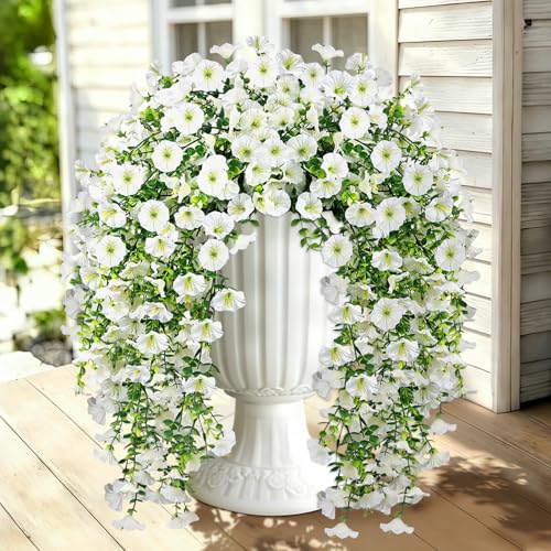 Julako Artificial Hanging Flowers for Outdoors 2 PCS 300 Blooms UV Resistant Morning Glory Faux Silk Vines No-Odor Realistic Fake Plants for Garden Planter Porch Patio Decoration White