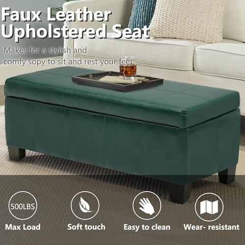 Image of 51 Inch Storage Ottoman, Storage Bench with Safety Hinge, Upholstered Synthetic Leather Ottoman Bench for Bedroom, Living Room, Entryway, Hallway, Foot Rest, Support 500lbs