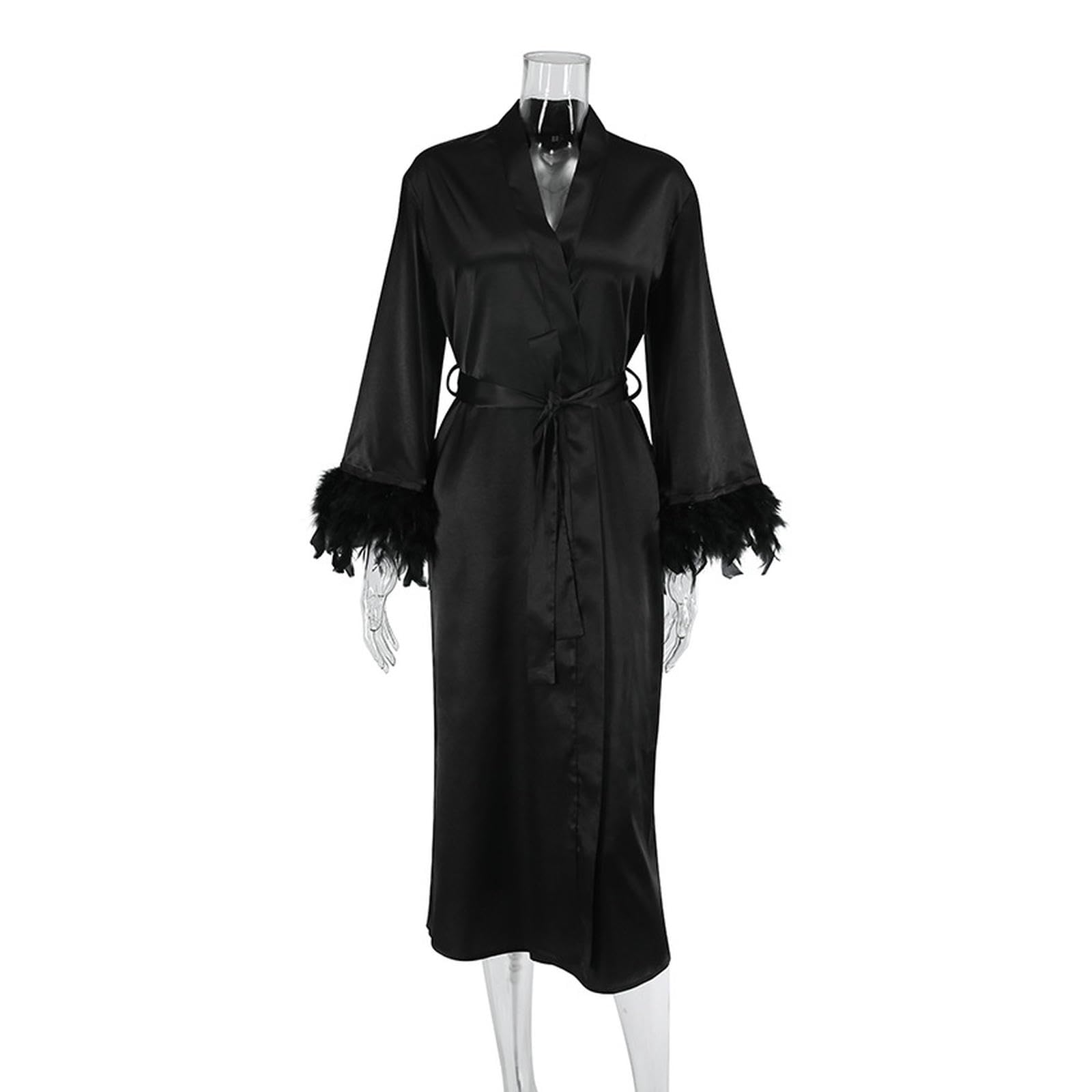 Damska bielizna nocna Feather Trim Bridesmaid Sukienka damska Featrered Silky Satin Wedding Party Sleepwear Loungewear-Black-XL